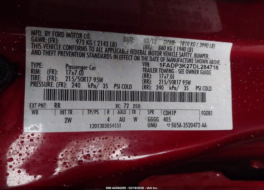 2013 FORD FOCUS SE VIN: 1FADP3K27DL284718