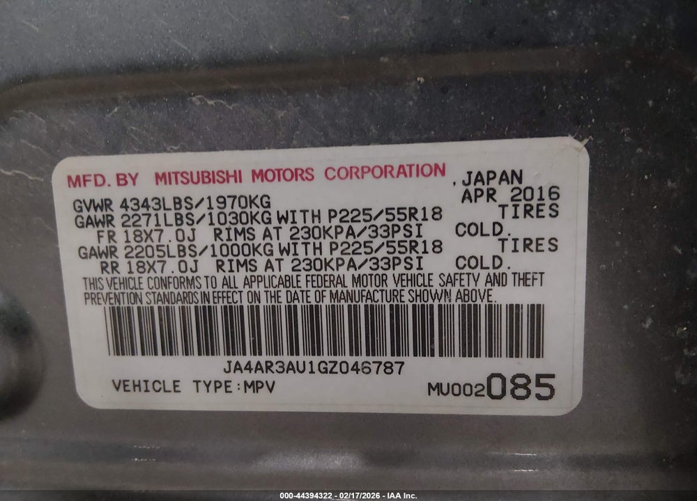 2016 MITSUBISHI OUTLANDER SPORT 2.0 ES VIN: JA4AR3AU1GZ046787