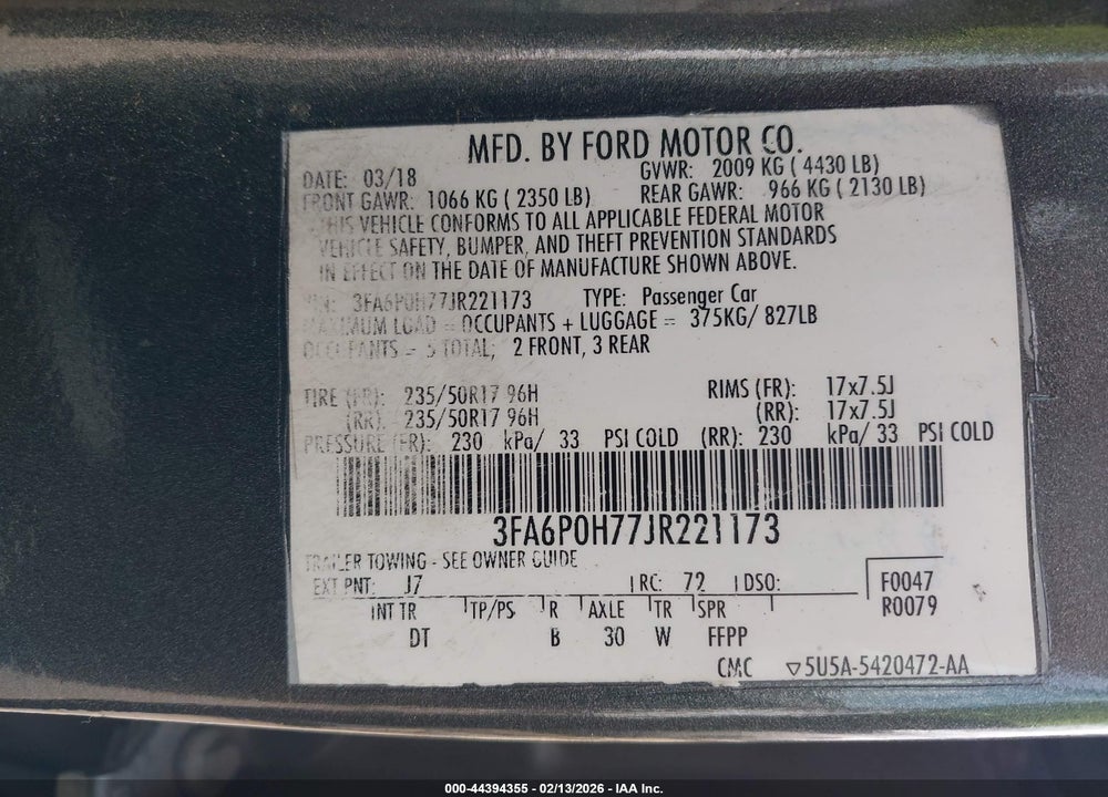 2018 FORD FUSION SE VIN: 3FA6P0H77JR221173