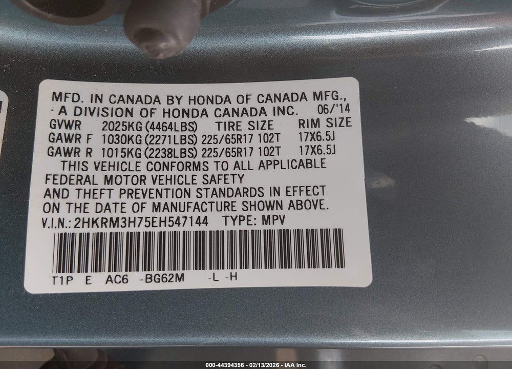 2014 HONDA CR-V EX-L VIN: 2HKRM3H75EH547144