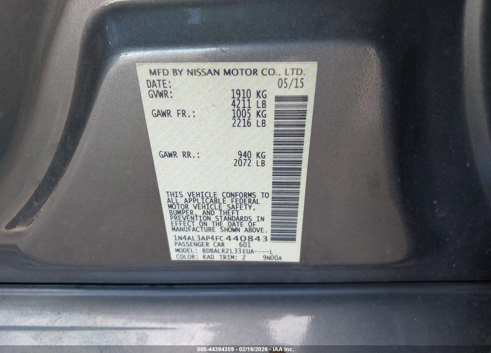 2015 NISSAN ALTIMA 2.5 SL VIN: 1N4AL3AP4FC440843