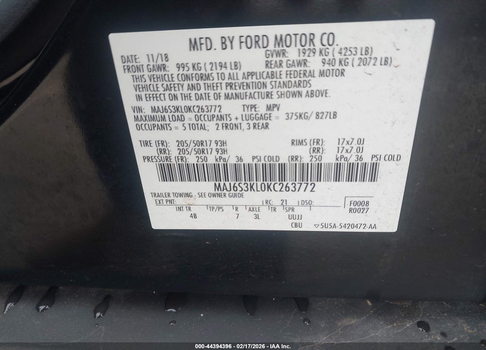 2019 FORD ECOSPORT TITANIUM VIN: MAJ6S3KL0KC263772