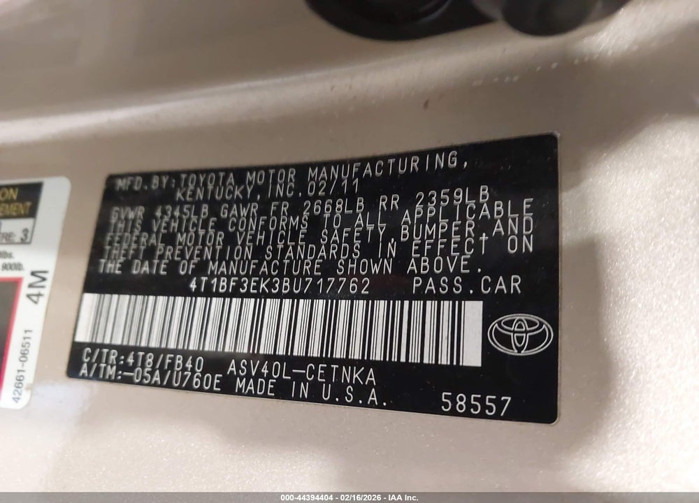 2011 TOYOTA CAMRY VIN: 4T1BF3EK3BU717762