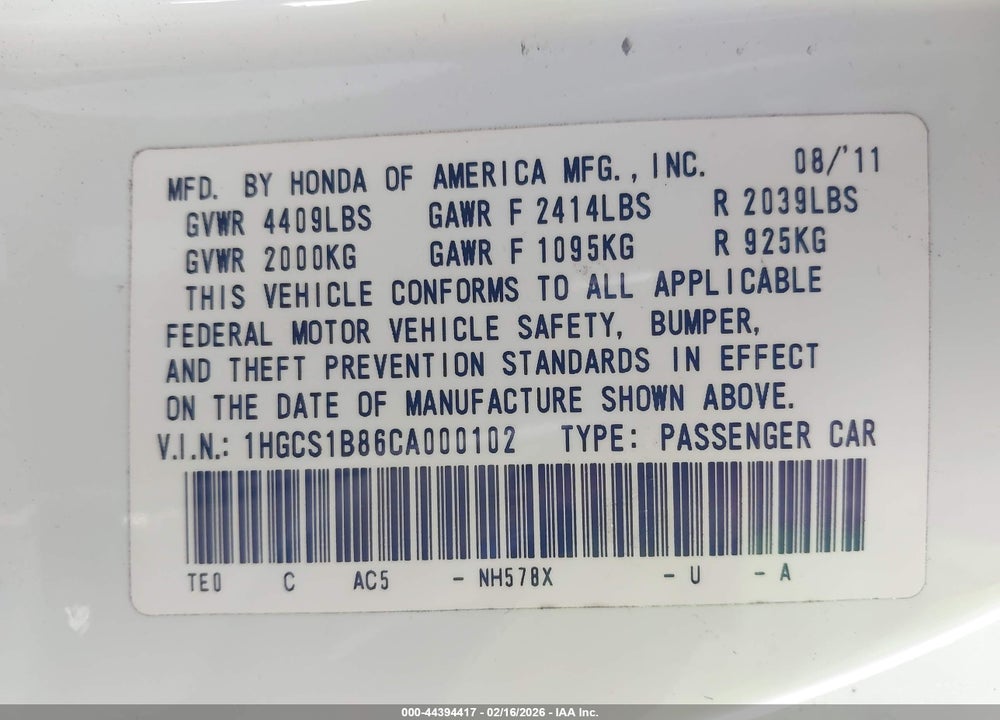 2012 HONDA ACCORD 2.4 EX-L VIN: 1HGCS1B86CA000102