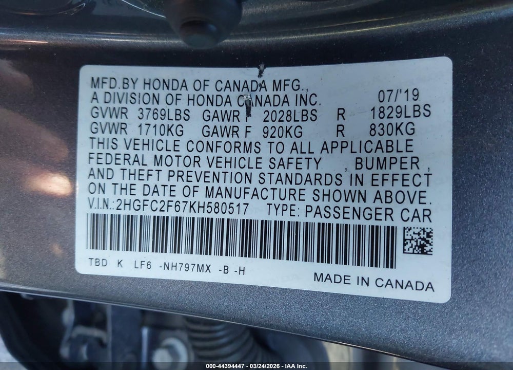 2019 HONDA CIVIC LX VIN: 2HGFC2F67KH580517