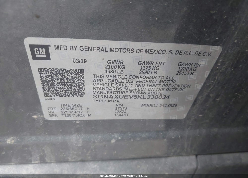 2019 CHEVROLET EQUINOX LT VIN: 3GNAXUEV5KL338034