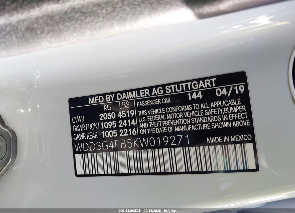2019 MERCEDES-BENZ A 220 4MATIC VIN: WDD3G4FB5KW019271