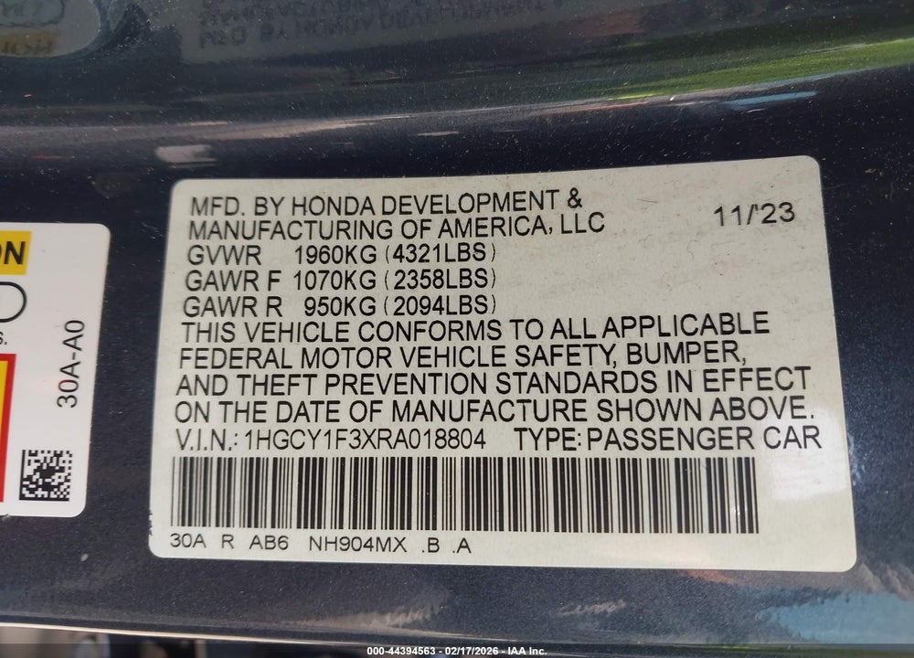 2024 HONDA ACCORD EX VIN: 1HGCY1F3XRA018804