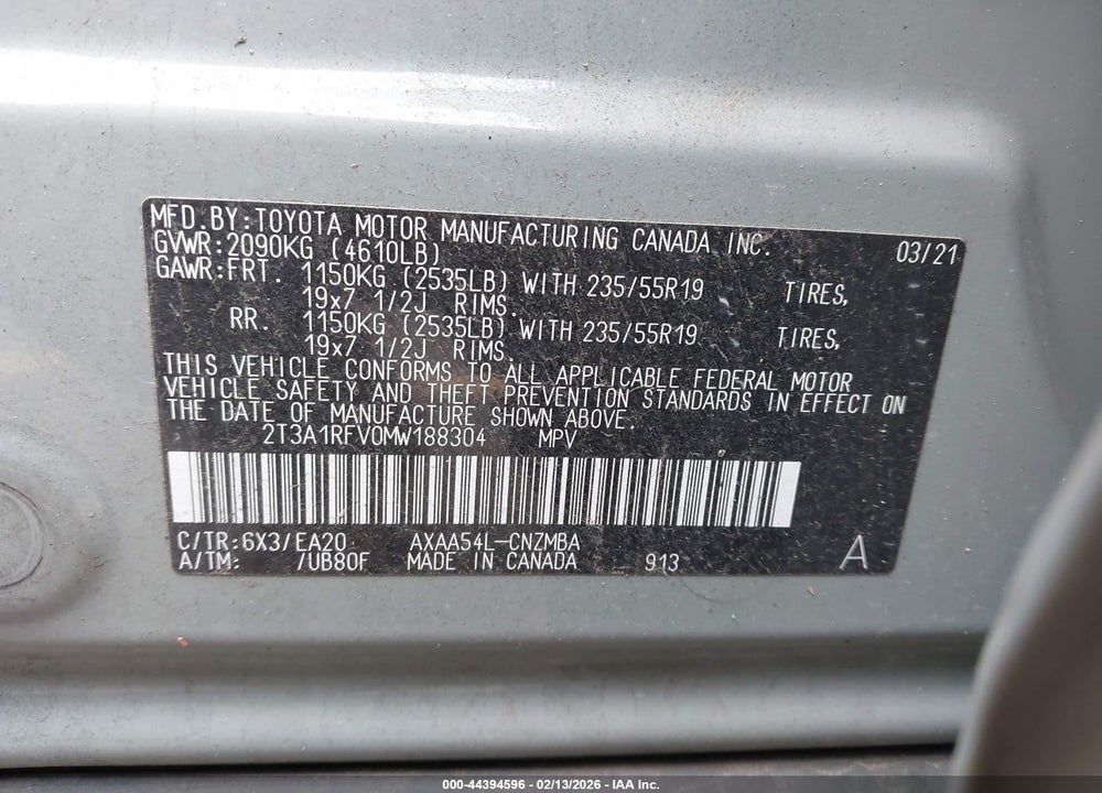 2021 TOYOTA RAV4 XLE PREMIUM VIN: 2T3A1RFV0MW188304
