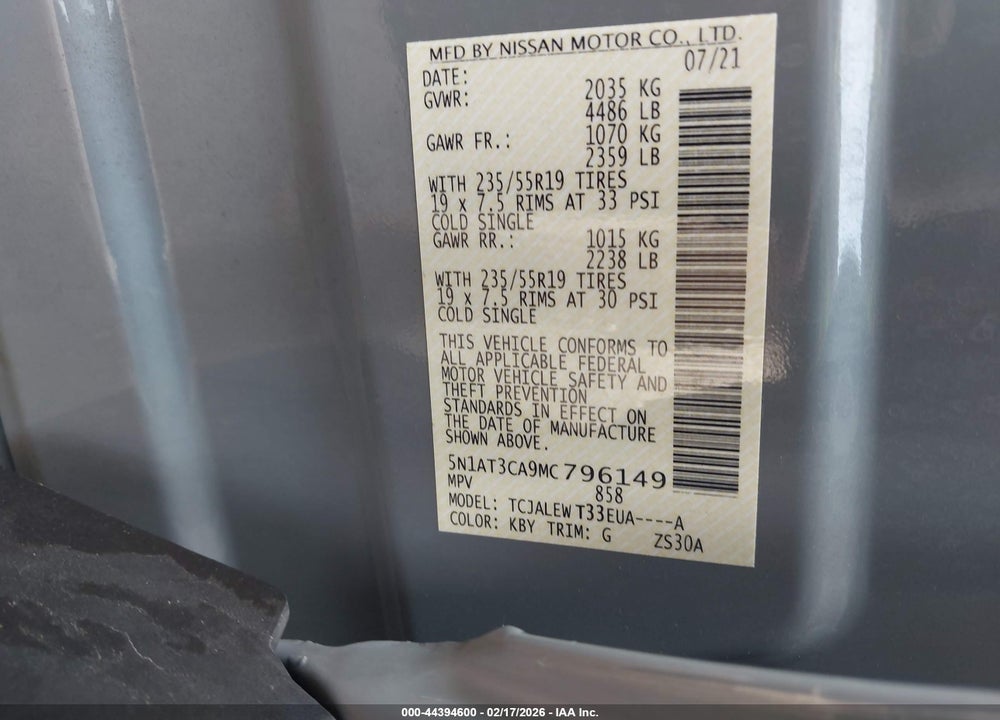 2021 NISSAN ROGUE SL FWD VIN: 5N1AT3CA9MC796149
