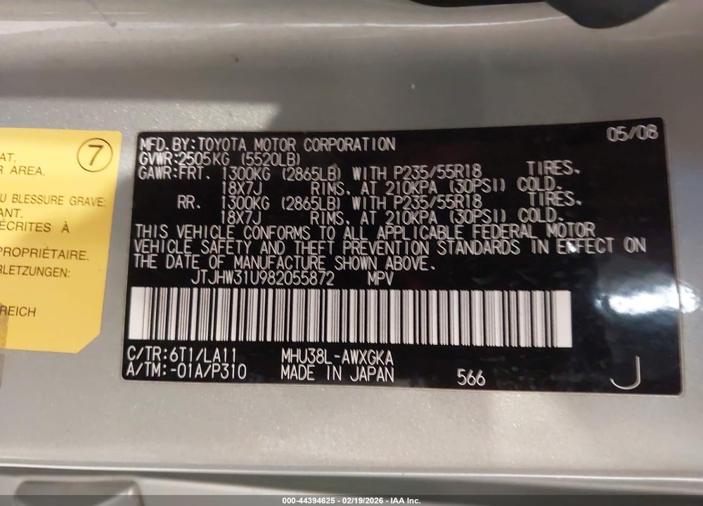 2008 LEXUS RX 400H VIN: JTJHW31U982055872