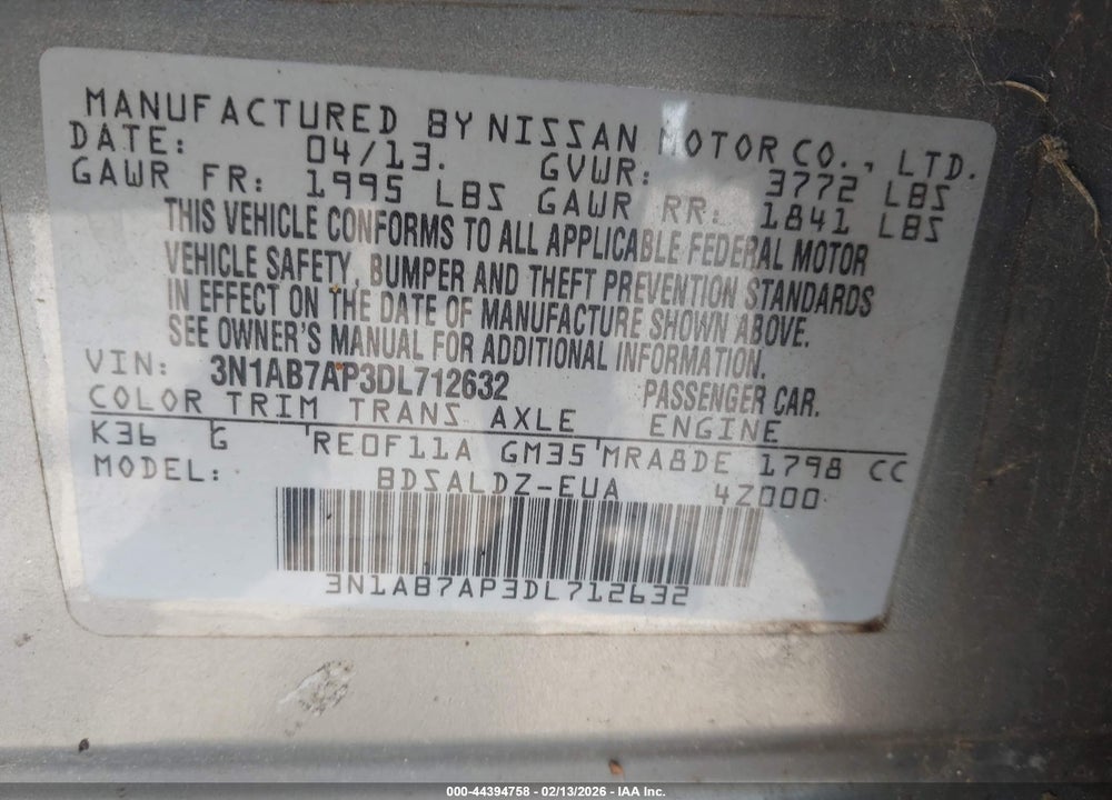 2013 NISSAN SENTRA SV VIN: 3N1AB7AP3DL712632