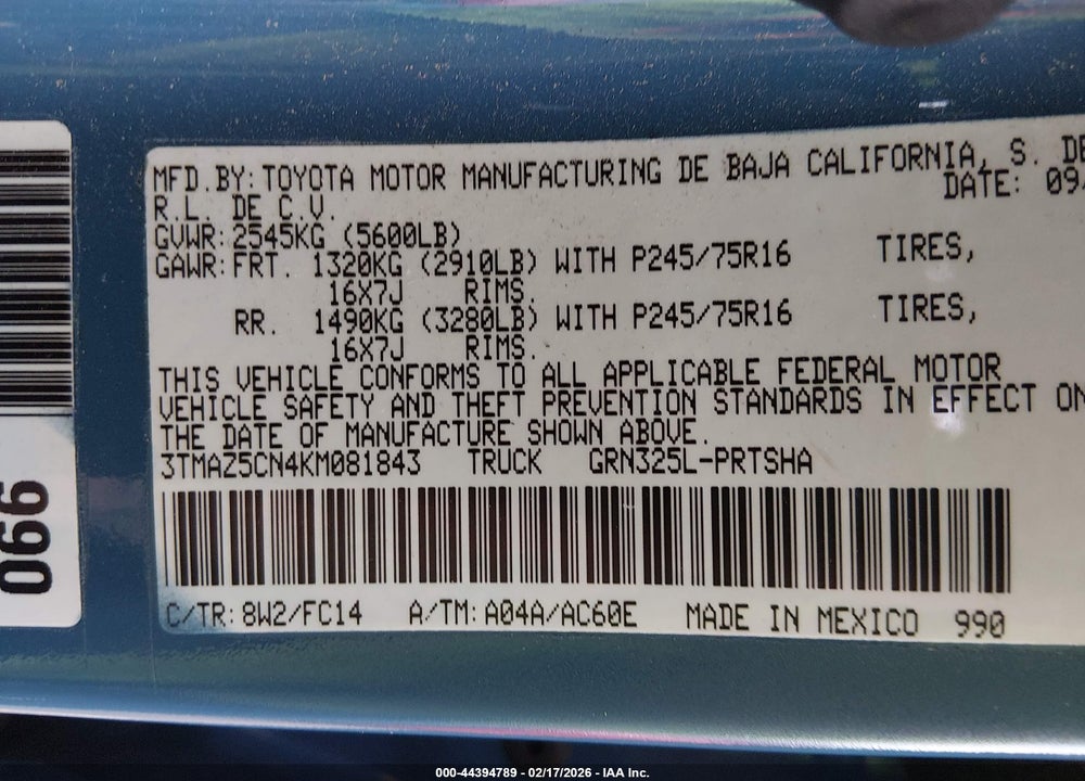 2019 TOYOTA TACOMA SR5 V6 VIN: 3TMAZ5CN4KM081843