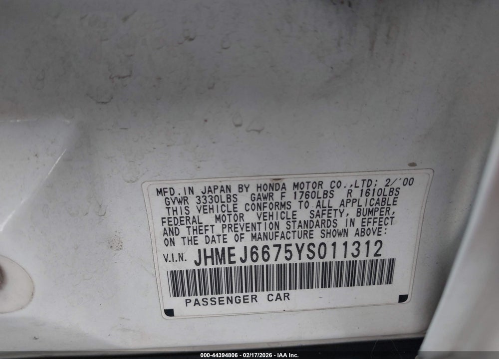 2000 HONDA CIVIC LX VIN: JHMEJ6675YS011312