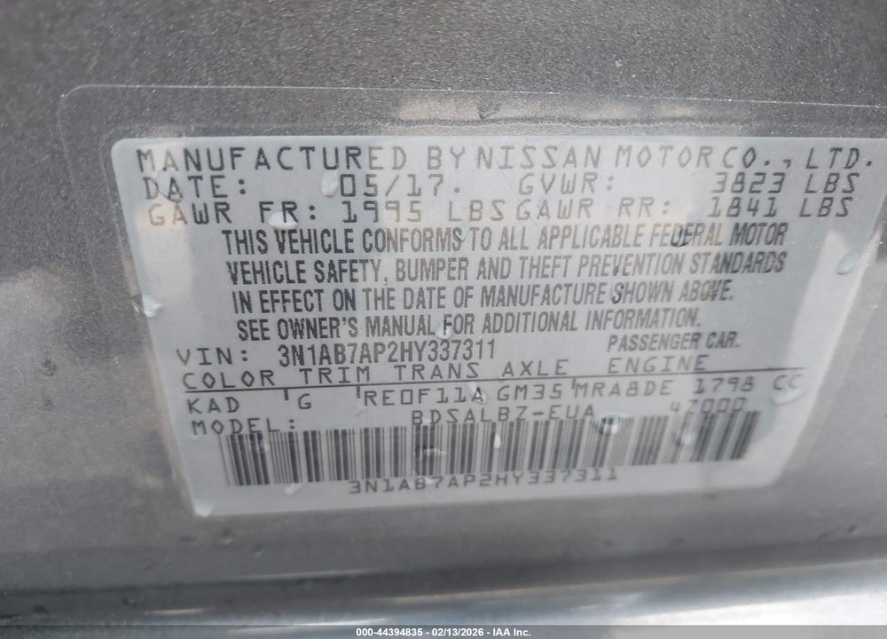 2017 NISSAN SENTRA S VIN: 3N1AB7AP2HY337311