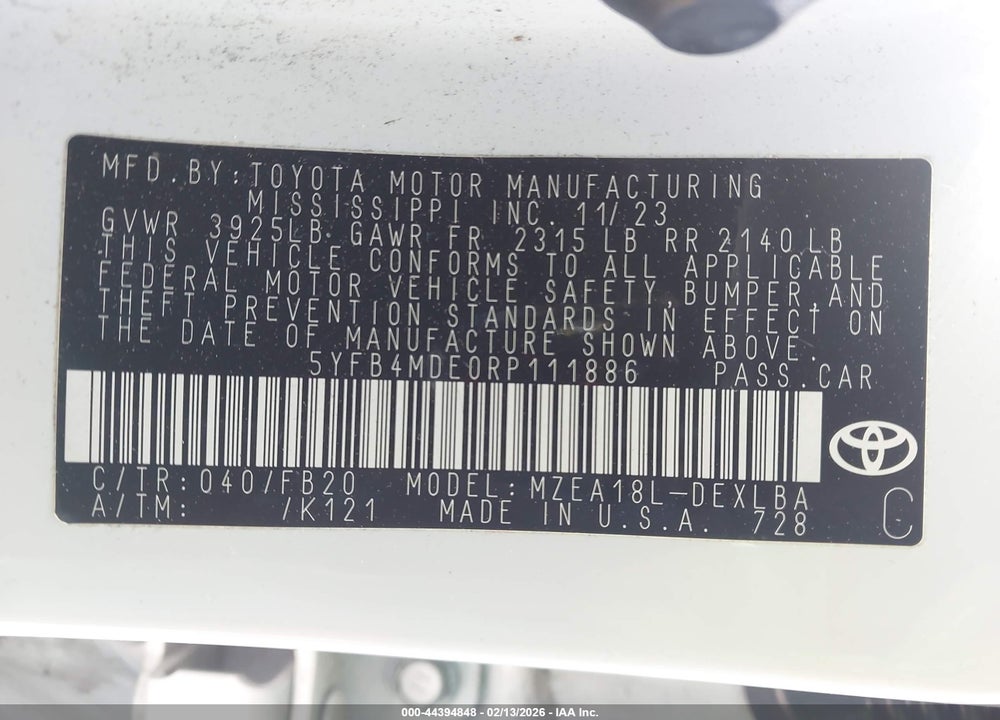 2024 TOYOTA COROLLA LE VIN: 5YFB4MDE0RP111886