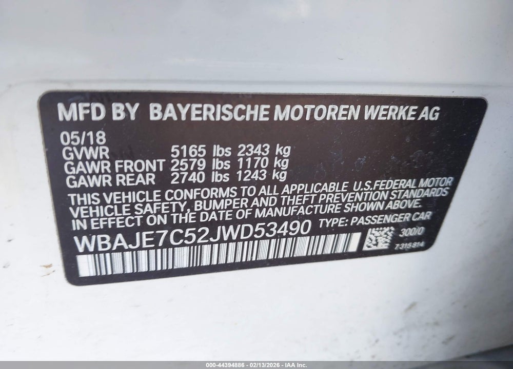 2018 BMW 540I XDRIVE VIN: WBAJE7C52JWD53490