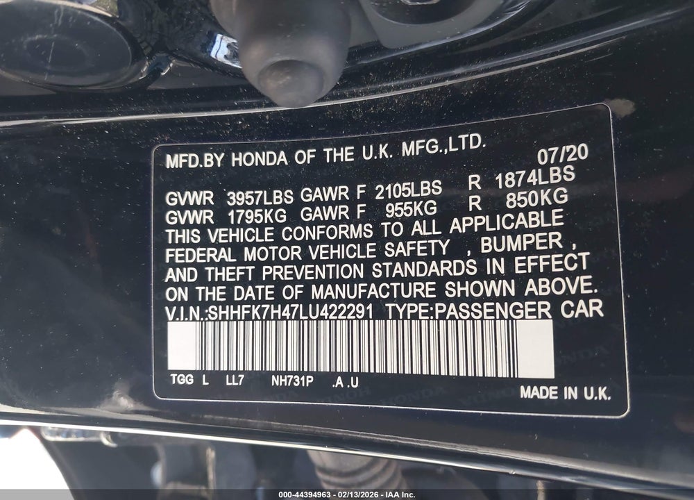 2020 HONDA CIVIC SPORT VIN: SHHFK7H47LU422291