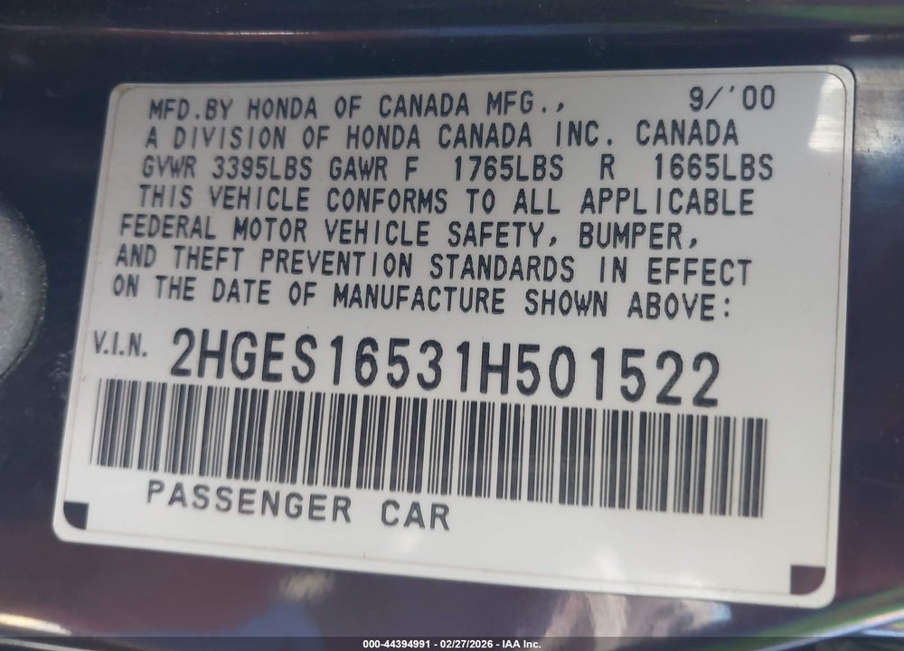 2001 HONDA CIVIC LX VIN: 2HGES16531H501522