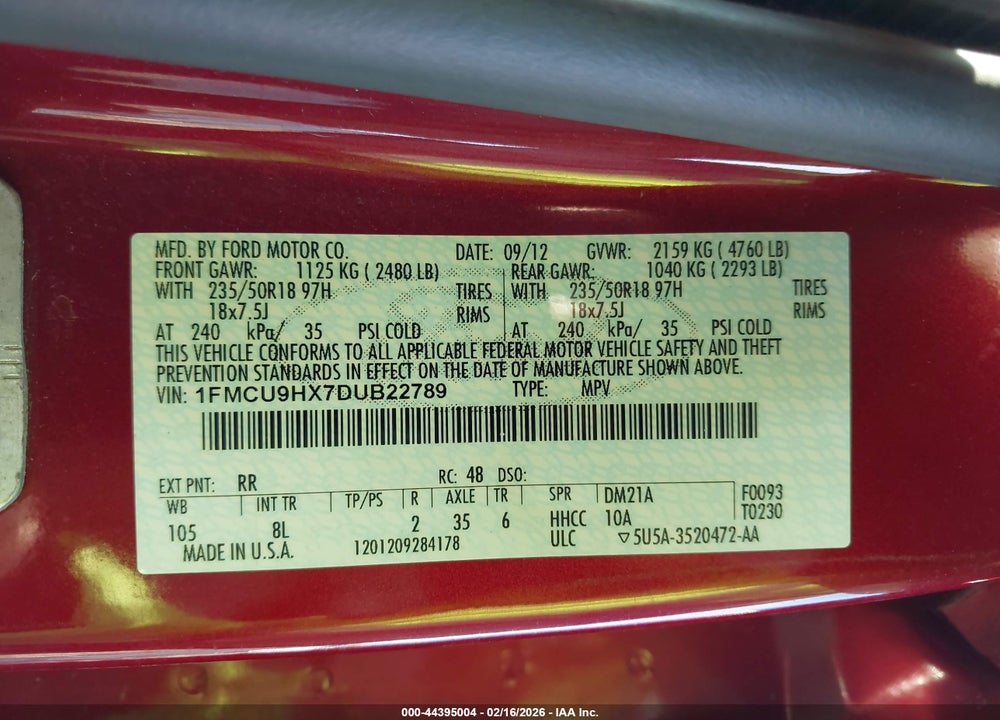 2013 FORD ESCAPE SEL VIN: 1FMCU9HX7DUB22789