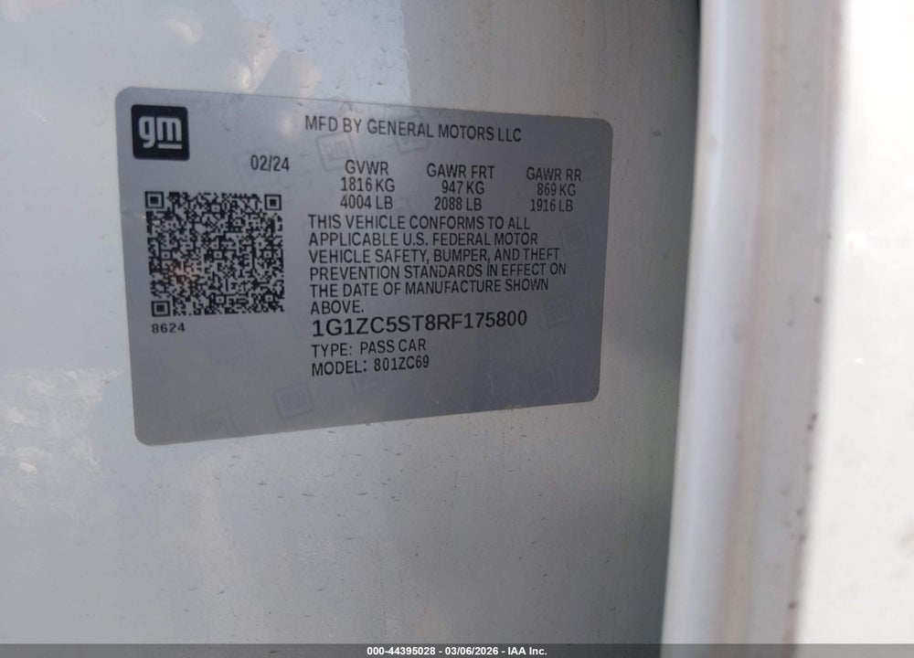 2024 CHEVROLET MALIBU FWD 1FL VIN: 1G1ZC5ST8RF175800