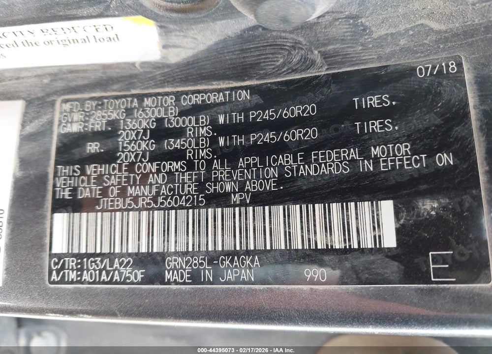 2018 TOYOTA 4RUNNER LIMITED VIN: JTEBU5JR5J5604215