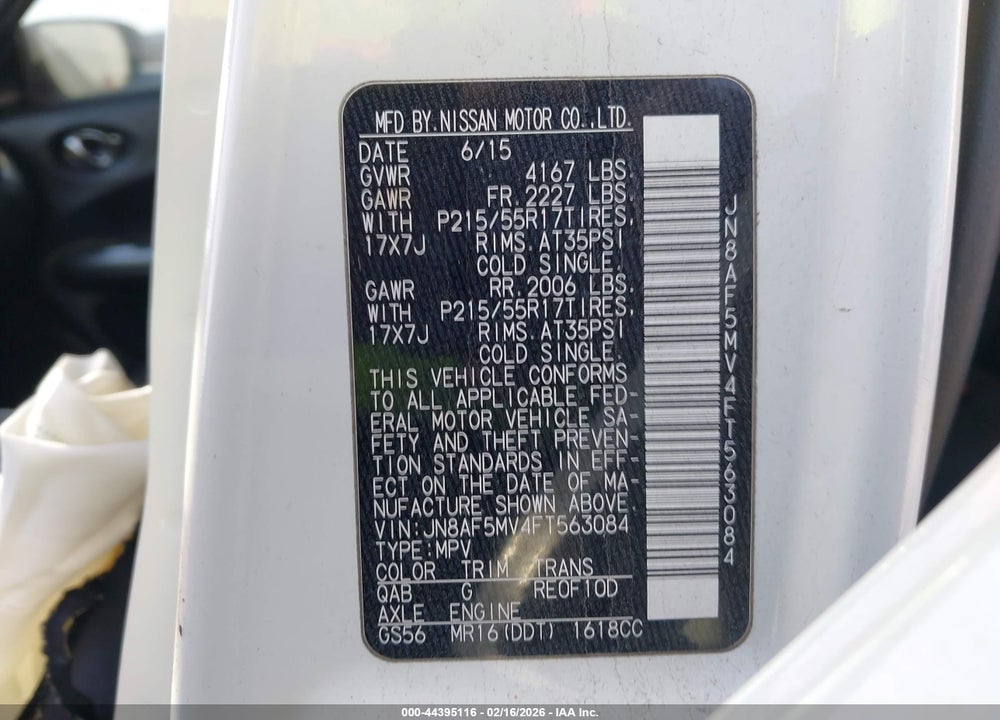2015 NISSAN JUKE S VIN: JN8AF5MV4FT563084