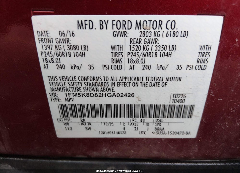 2017 FORD EXPLORER XLT VIN: 1FM5K8D82HGA02426