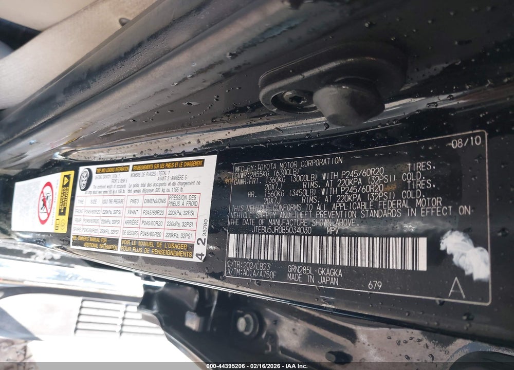 2011 TOYOTA 4RUNNER LIMITED V6 VIN: JTEBU5JR0B5034030