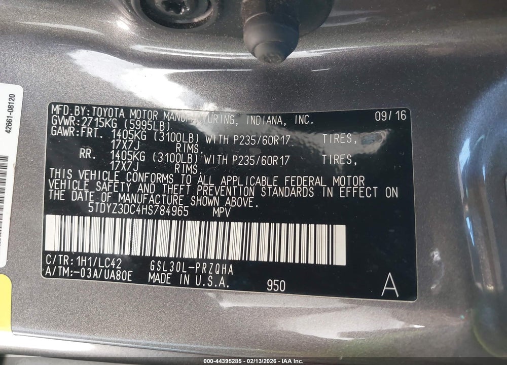 2017 TOYOTA SIENNA XLE 8 PASSENGER VIN: 5TDYZ3DC4HS784965