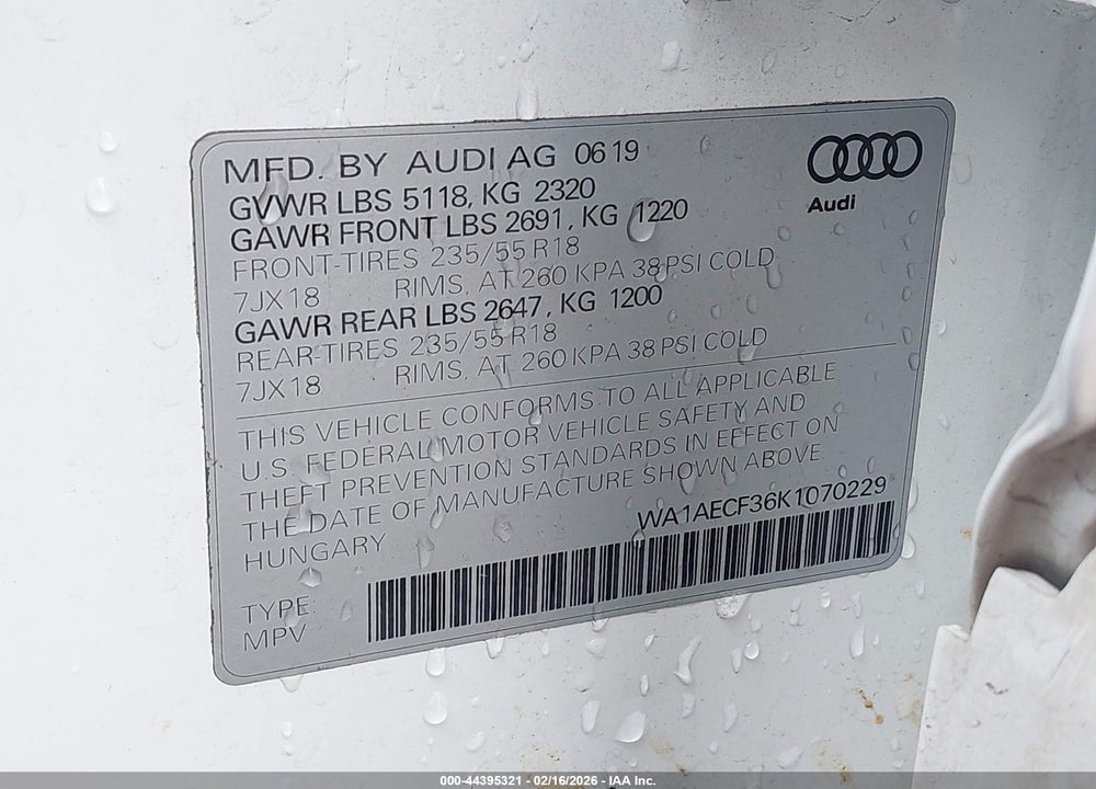 2019 AUDI Q3 2.0T PREMIUM VIN: WA1AECF36K1070229