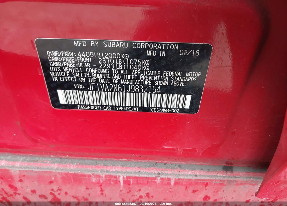 2018 SUBARU WRX STI VIN: JF1VA2N61J9832154