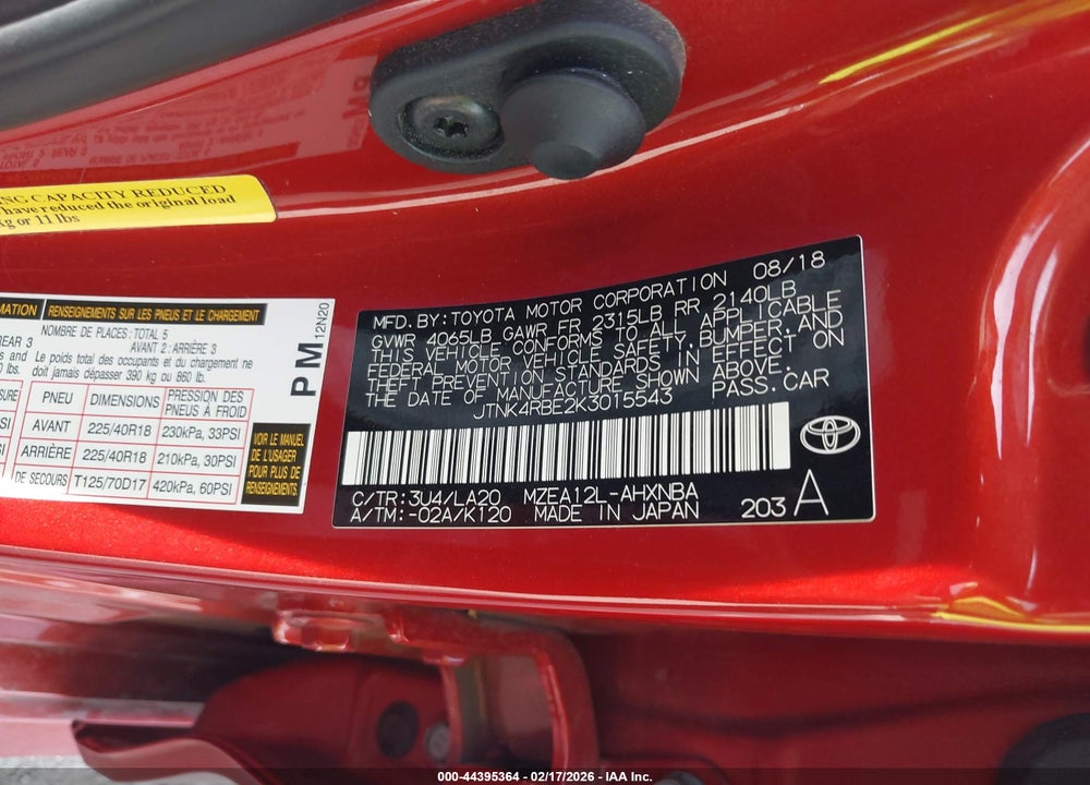2019 TOYOTA COROLLA XSE VIN: JTNK4RBE2K3015543