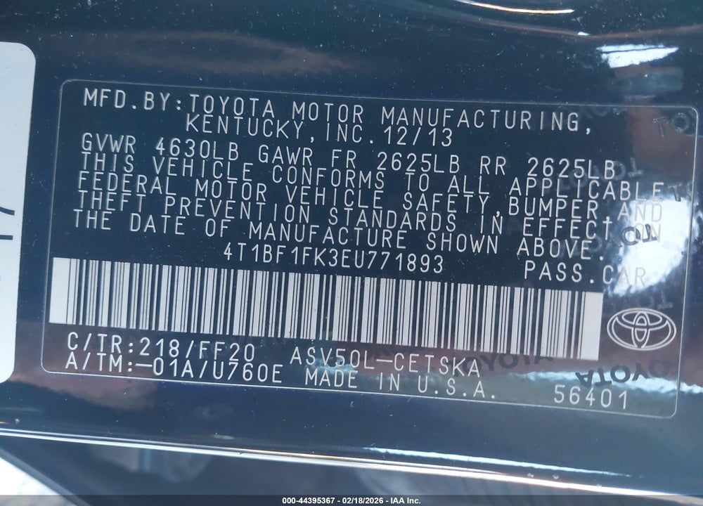 2014 TOYOTA CAMRY SE VIN: 4T1BF1FK3EU771893