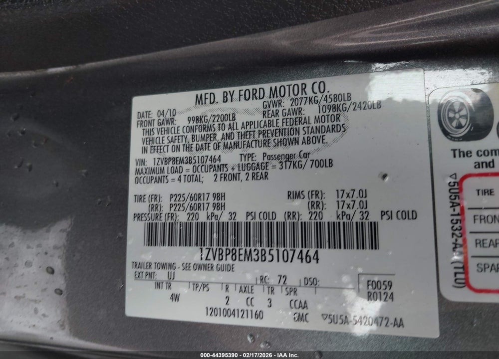 2011 FORD MUSTANG V6 PREMIUM VIN: 1ZVBP8EM3B5107464