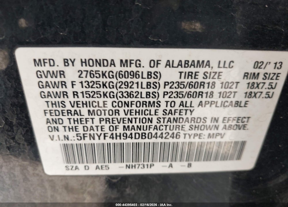 2013 HONDA PILOT TOURING VIN: 5FNYF4H94DB044246