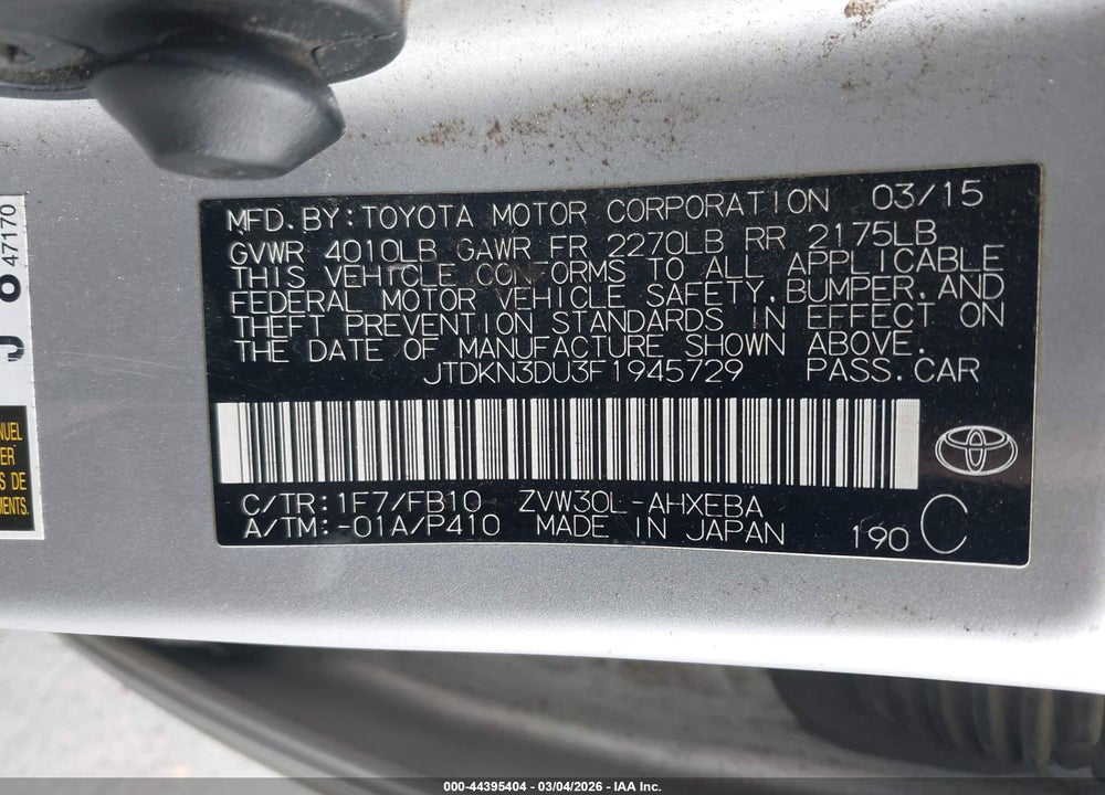 2015 TOYOTA PRIUS TWO VIN: JTDKN3DU3F1945729