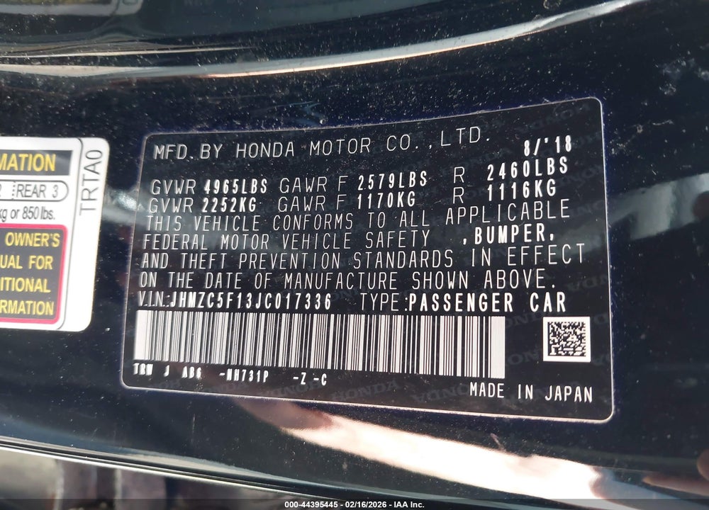 2018 HONDA CLARITY PLUG-IN HYBRID VIN: JHMZC5F13JC017336