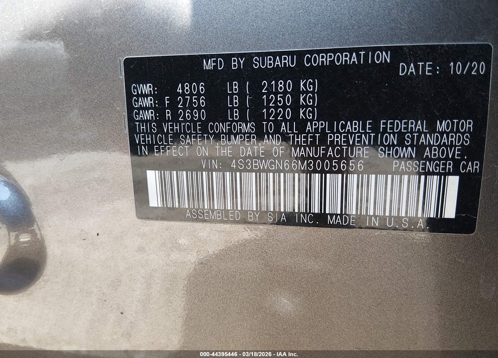 2021 SUBARU LEGACY LIM VIN: 4S3BWGN66M3005656