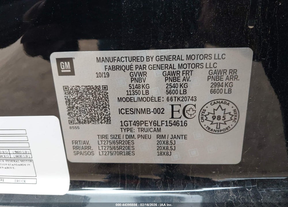 2020 GMC SIERRA 2500HD AT4 VIN: 1GT49PEY6LF154616