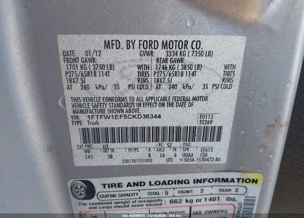 2012 FORD F-150 FX4 VIN: 1FTFW1EF5CKD36344