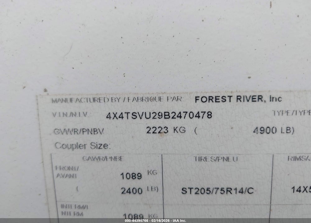 2011 FOREST RIVER FORRO VIN: 4X4TSVU29B2470478