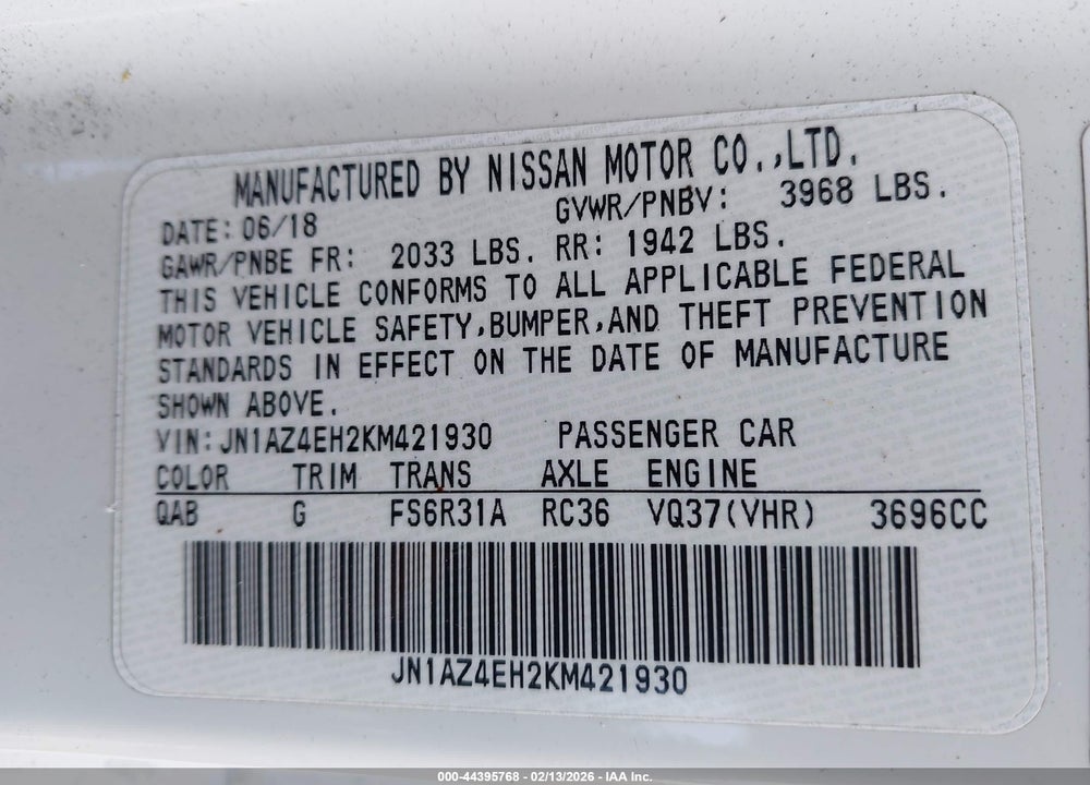 2019 NISSAN 370Z VIN: JN1AZ4EH2KM421930