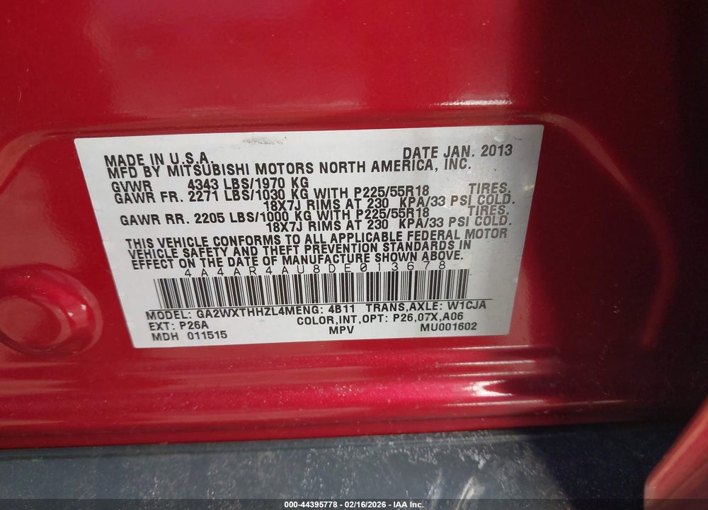2013 MITSUBISHI OUTLANDER SPORT SE VIN: 4A4AR4AU8DE013678