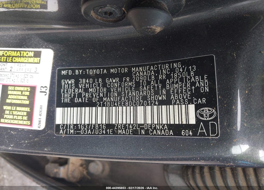 2013 TOYOTA COROLLA LE VIN: 2T1BU4EE8DC070124
