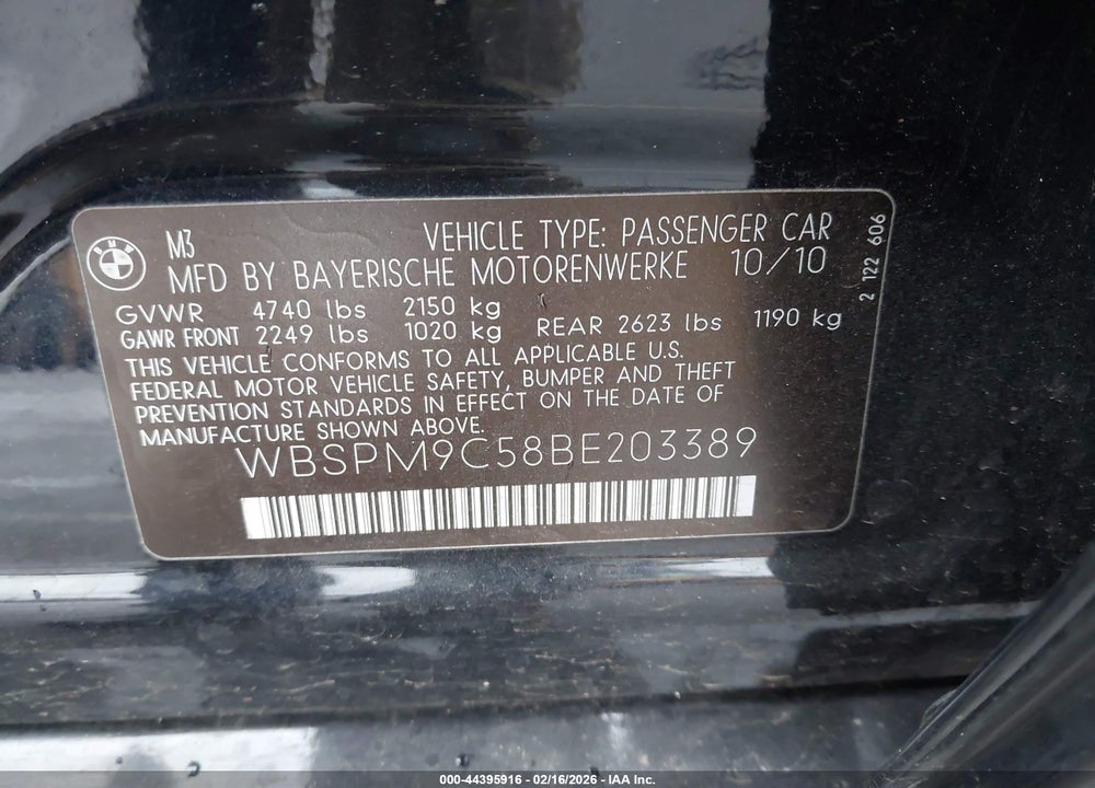 2011 BMW M3 VIN: WBSPM9C58BE203389