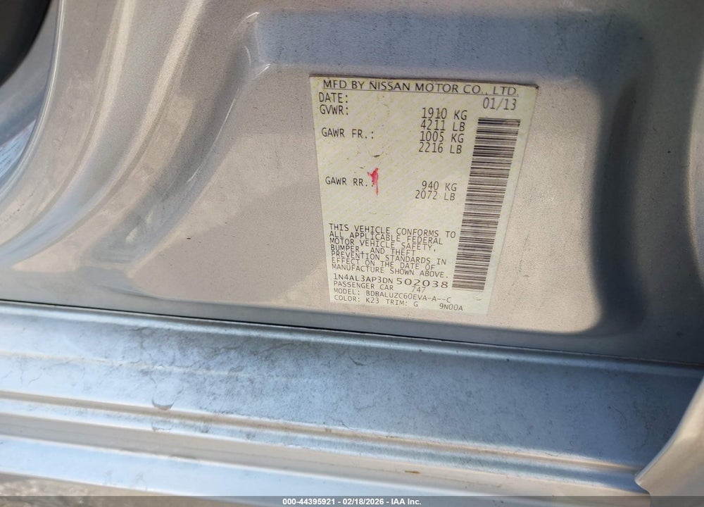 2013 NISSAN ALTIMA 2.5 SV VIN: 1N4AL3AP3DN502038
