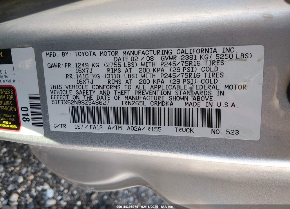 2008 TOYOTA TACOMA PRERUNNER VIN: 5TETX62N98Z548627