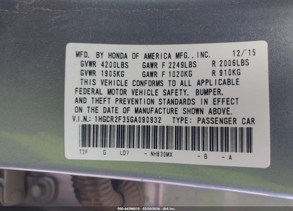 2016 HONDA ACCORD LX VIN: 1HGCR2F35GA090932