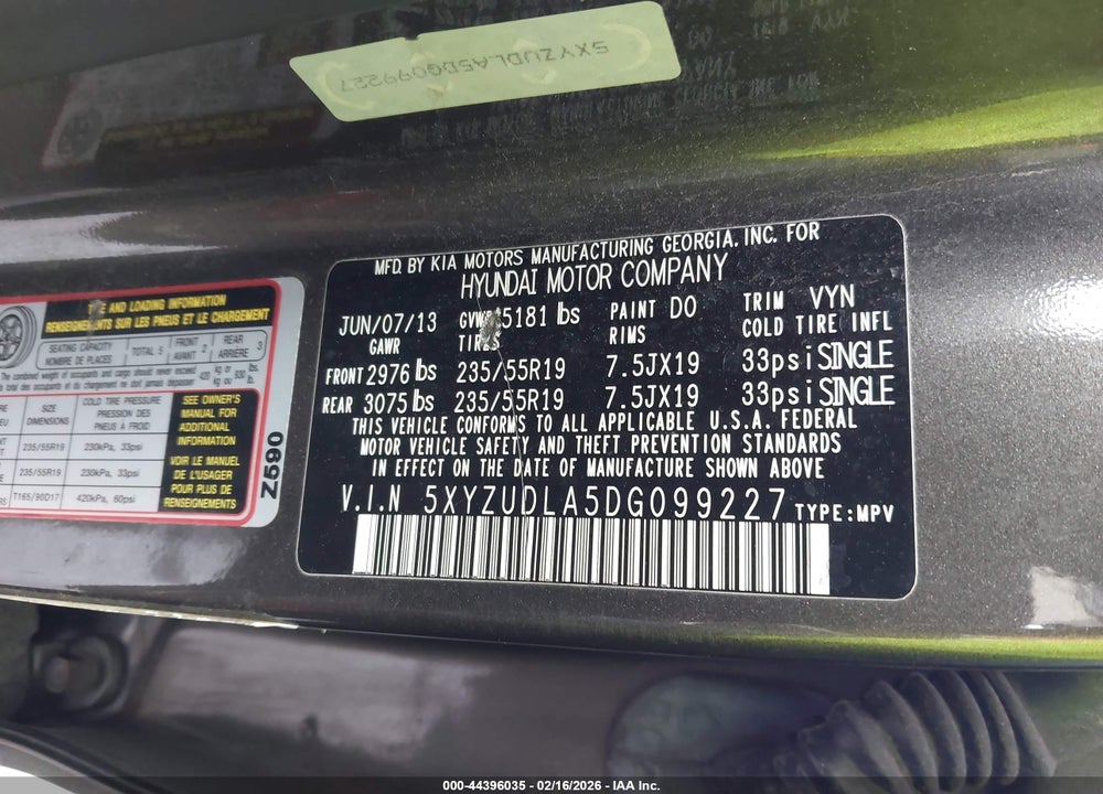 2013 HYUNDAI SANTA FE SPORT 2.0T VIN: 5XYZUDLA5DG099227